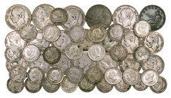 50 céntimos (treinta y nueve), 1 (catorce) y 2 pesetas (seis). Lote de 59 monedas de plata del Centenario. BC-/EBC.