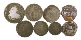 Lote de 8 monedas españolas en plata de diferentes épocas y valores. A examinar. BC/BC+.