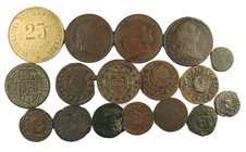 Lote de 17 monedas españolas en cobre de diferentes épocas y valores. A examinar. BC/MBC-.