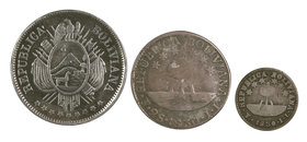 1830 a 1873. Bolivia. Potosí. 1/2, 2 soles y 50 centavos. Lote de 3 monedas en plata. BC/BC+.