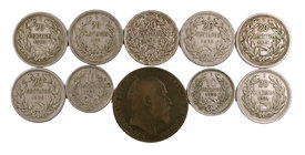 Lote de 9 monedas de Chile y 1 de Gran Bretaña. A examinar. BC-/MBC.