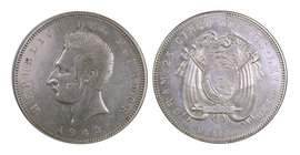 1943 y 1944. Ecuador. Mº (México). 5 sucres. Lote de 2 monedas en plata. MBC+/EBC+.