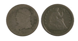 1837 y 1853. Estados Unidos. Lote de 2 monedas en plata de 1/2 dime, tipo "Liberty" (cabeza) y "Liberty" (sentada). BC-/BC.