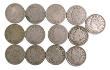 1883 a 1910. Estados Unidos. Lote de 13 monedas de 5 centavos, tipo "Liberty". A examinar. BC/MBC.