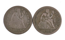 1854 y 1883. Estados Unidos. Lote de 2 monedas en plata de 1 dime, tipo "Liberty". BC-/BC.