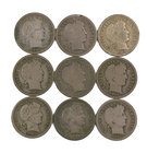 1896 a 1916. Estados Unidos. Lote de 9 monedas en plata de 1 dime, tipo "Barber". A examinar. BC/MBC-.