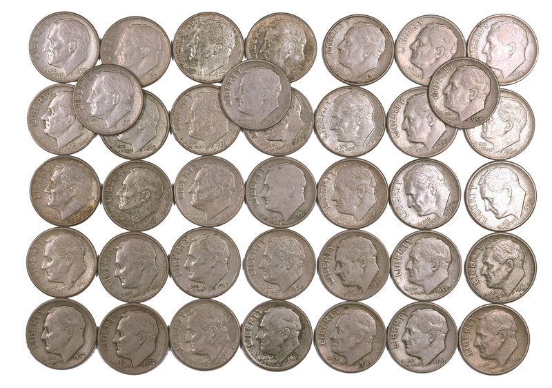 1946 a 1964. Estados Unidos. Lote de 38 monedas en plata de 1 dime, tipo "Roosev...