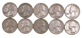 1960 a 1964. Estados Unidos. AG. Lote de 10 monedas en plata de 1/4 de dólar, tipo "Washington". A examinar. MBC-/MBC+.