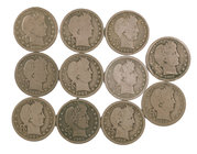 1892 a 1916. Estados Unidos. Lote de 11 monedas en plata de 1/4 de dólar, tipo "Barber". A examinar. BC/BC+.