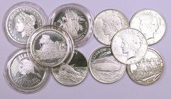 Estados Unidos. 1 dólar (tres) y 1 onza (siete). Lote de 10 monedas en plata diferentes. EBC/Proof.