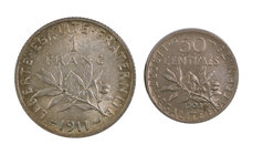 Francia. Lote de 2 monedas: 50 céntimos 1903 y 1 franco 1911. EBC.