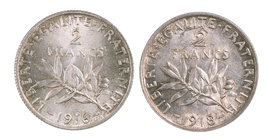 1916 y 1918. Francia. III República. 2 francos. (Kr. 845.1). Lote de 2 monedas en plata. EBC+.
