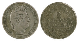 Francia. Lote de 2 monedas en plata de 5 francos: 1831 A y 1845 W. BC/MBC-.