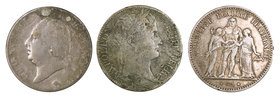 1802, 1811 y 1875. Francia. 5 francos. Lote de 3 monedas en plata, una con perforación reparada. BC-/MBC.