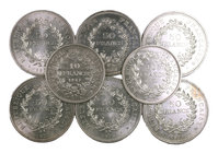 1967 a 1979. Francia. 10 (dos) y 50 francos (seis). Lote de 8 monedas en plata. A examinar. MBC/S/C-.
