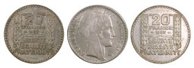 1933. Francia. 20 francos. Lote de 3 monedas en plata. MBC/EBC+.