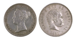 1846 y 1891. Portugal. 500 reis. Lote de 2 monedas en plata, una sirvió como joya. MBC/EBC-.