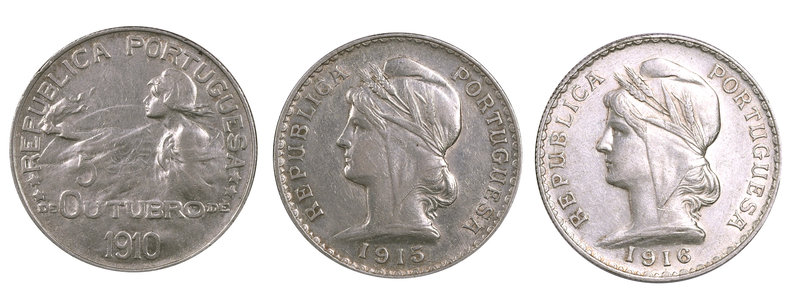 1910 a 1916. Portugal. 1 escudo. Lote de 3 monedas en plata. EBC-/EBC.