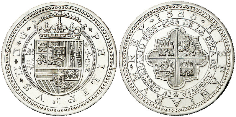1986. IV Centenario de la ceca de Segovia. 5 onzas. 153,10 g. Ø 65 mm. Plata. Pr...