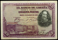 1928. 50 pesetas. (Ed. B123) (Ed. 340). 15 de agosto, Velázquez. Sin serie. Sello en seco: GOBIERNO PROVISIONAL. MBC-.
