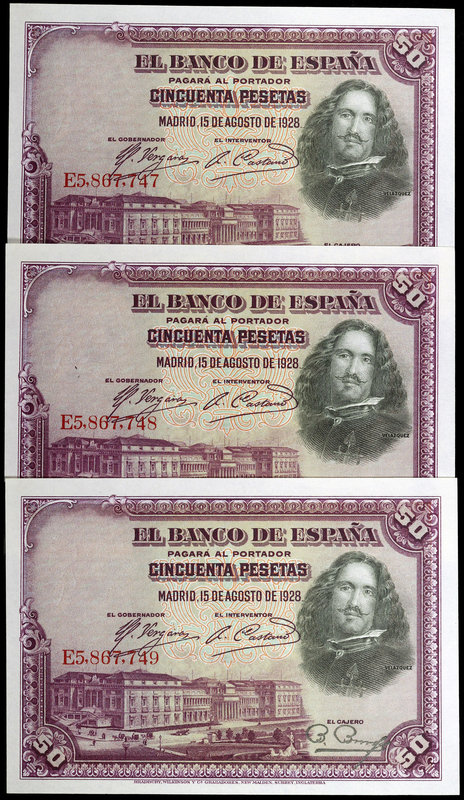 1928. 50 pesetas. (Ed. C5) (Ed. 354). 15 de agosto, Velázquez. Trío correlativo,...