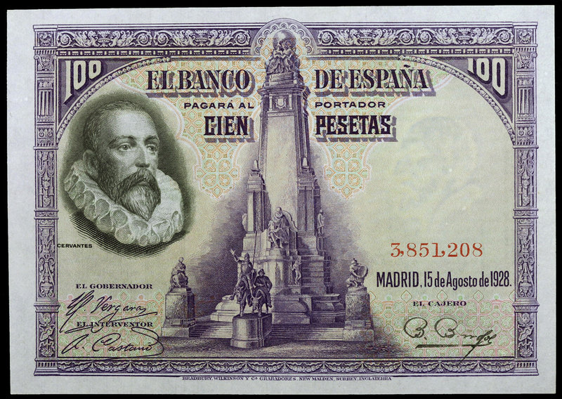 1928. 100 pesetas. (Ed. C6) (Ed. 355). 15 de agosto, Cervantes. Sin serie. Escas...