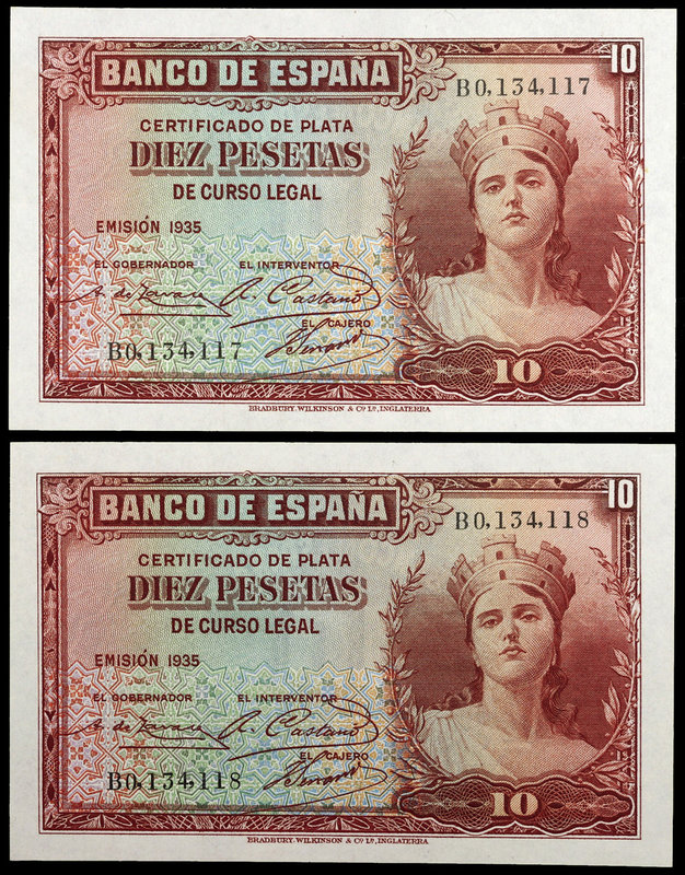 1935. 10 pesetas. (Ed. C15a) (Ed. 364a). Pareja correlativa, serie B. S/C-.
