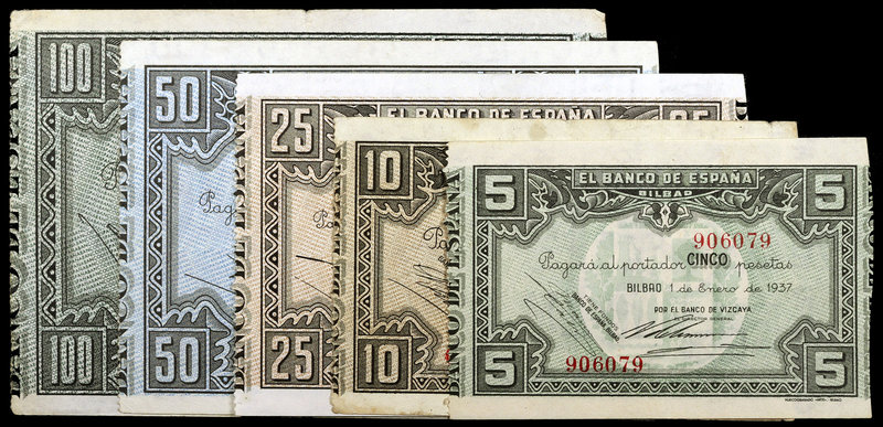 1937. Banco de Bilbao. 5, 10, 25, 50 y 100 pesetas. (Ed. C36d, C38a, C39b, C40b ...
