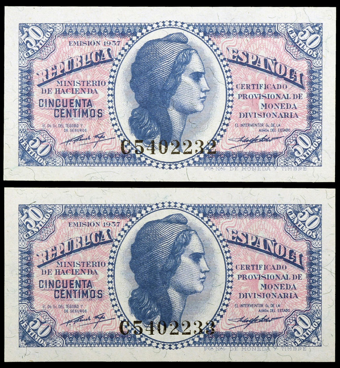 1937. 50 céntimos. (Ed. C42a) (Ed. 391a). Pareja correlativa, serie C. S/C.