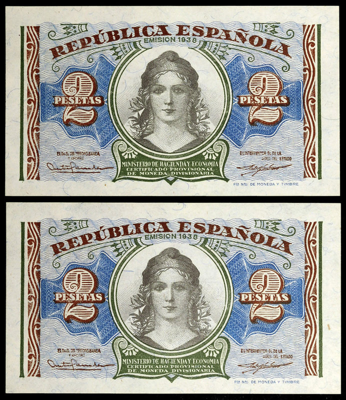 1938. 2 pesetas. (Ed. C44) (Ed. 393). Pareja correlativa. Serie A. S/C.