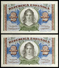 1938. 2 pesetas. (Ed. C44) (Ed. 393). Pareja correlativa. Serie A. S/C.
