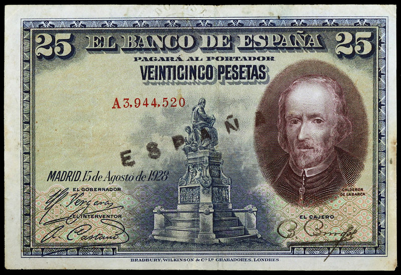 1928. 25 pesetas. (Ed. D4) (Ed. 403). 15 de agosto, Calderón de la Barca. Serie ...