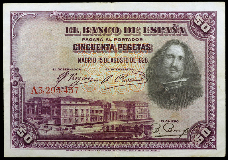 1928. 50 pesetas. (Ed. D8) (Ed. 407). 15 de agosto, Velázquez. Serie A. Sello en...