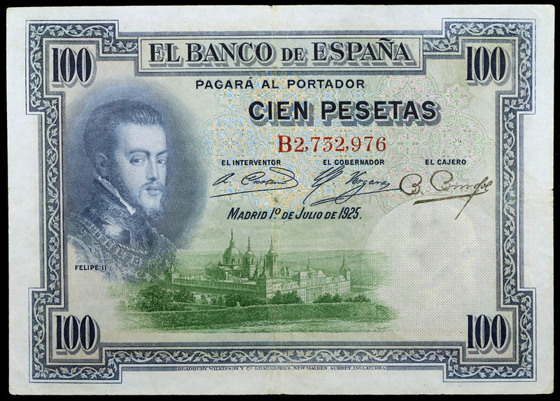 1925. 100 pesetas. (Ed. D11) (Ed. 410). 1 de julio, Felipe II. Serie B. Sello en...
