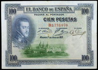 1925. 100 pesetas. (Ed. D11) (Ed. 410). 1 de julio, Felipe II. Serie B. Sello en seco: ESTADO ESPAÑOL - BURGOS. MBC+.