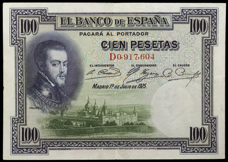 1925. 100 pesetas. (Ed. D11 var) (Ed. 410 var). 1 de julio, Felipe II. Serie D. ...