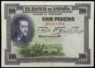 1925. 100 pesetas. (Ed. D11 var) (Ed. 410 var). 1 de julio, Felipe II. Serie D. Doble sello en seco: ESTADO ESPAÑOL - BURGOS. MBC+.