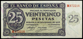 1936. Burgos. 25 pesetas. (Ed. D20a) (Ed. 419a). 21 de noviembre. Serie M. Ex Colección Pérez Galdós 13/02/2019, nº 3135. S/C.