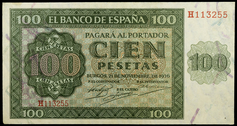 1936. Burgos. 100 pesetas. (Ed. D22a) (Ed. 421a). 21 de noviembre. Serie H. Leve...