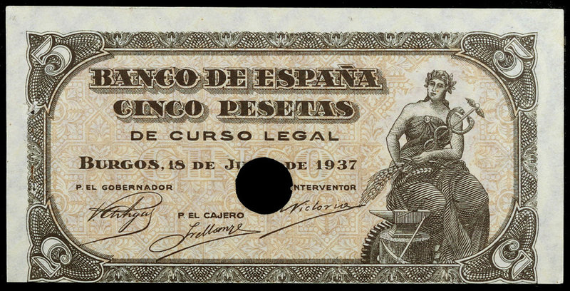 1937. Burgos. 5 pesetas. (Ed. D25a). 18 de Julio. Serie C. Un taladro. Dos perfo...