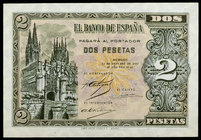 1937. Burgos. 2 pesetas. (Ed. D27) (Ed. 426). 12 de octubre. Serie A. Ligero doblez en una esquina. Raro. EBC+.