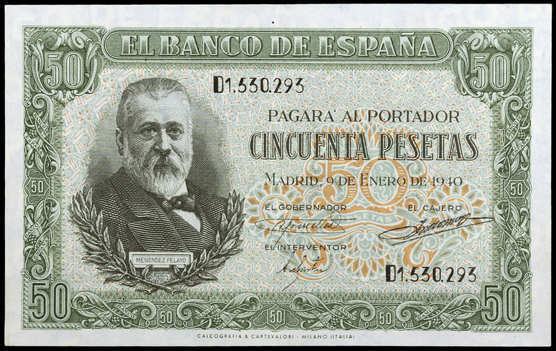 1940. 50 pesetas. (Ed. D38a) (Ed. 437a). 9 de enero, Menéndez Pelayo. Serie D. D...