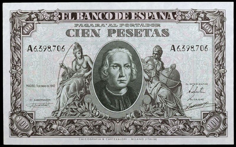 1940. 100 pesetas. (Ed. D39) (Ed. 438). 9 de enero, Colón. Serie A. Escaso. S/C-...