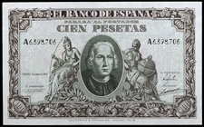 1940. 100 pesetas. (Ed. D39) (Ed. 438). 9 de enero, Colón. Serie A. Escaso. S/C-.