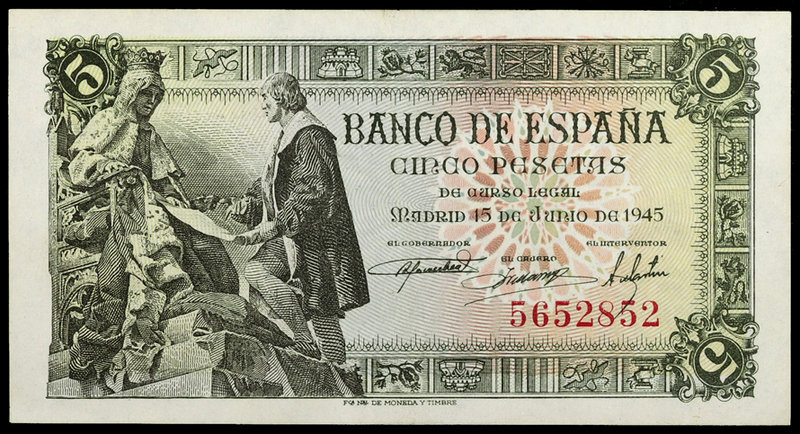 1945. 5 pesetas. (Ed. D50) (Ed. 449). 15 de junio, Isabel y Colón. Sin serie. Le...