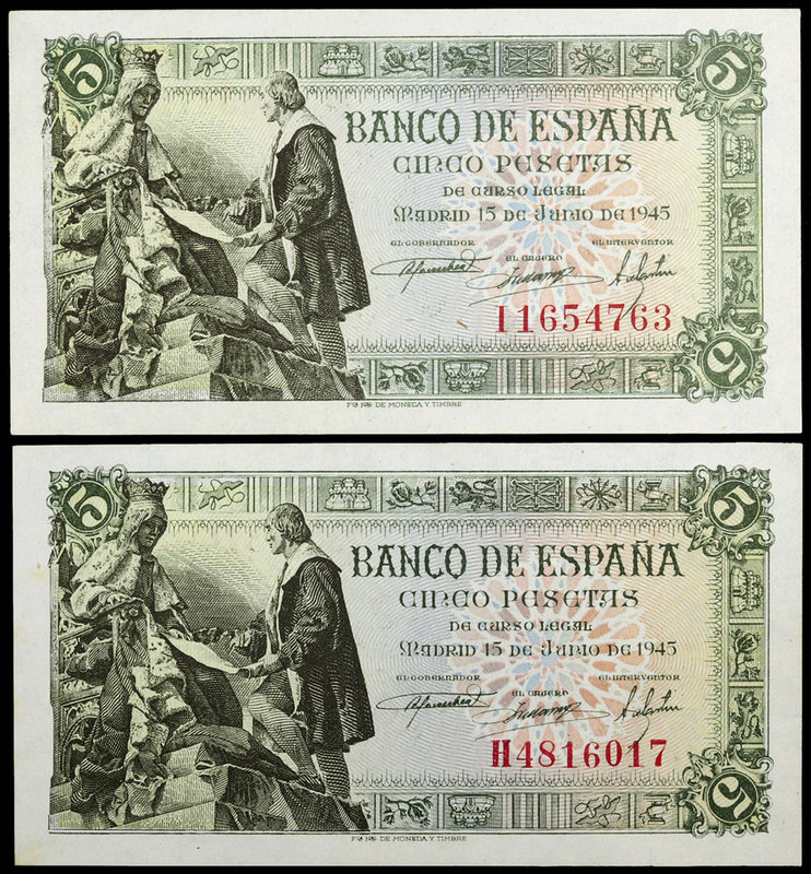 1945. 5 pesetas. (Ed. D50a) (Ed. 449a). 15 de junio, Isabel y Colón. 2 billetes,...