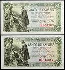 1945. 5 pesetas. (Ed. D50a) (Ed. 449a). 15 de junio, Isabel y Colón. 2 billetes, series H e I. Esquinas rozadas. S/C-.