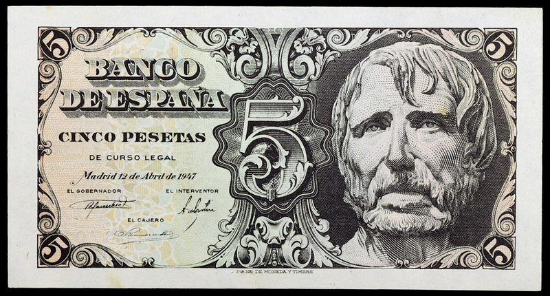 1947. 5 pesetas. (Ed. D55a) (Ed. 454a). 12 de abril, Séneca. Serie A. Leve doble...