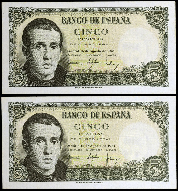 1951. 5 pesetas. (Ed. D60a) (Ed. 459a). 16 de agosto, Balmes. Pareja correlativa...