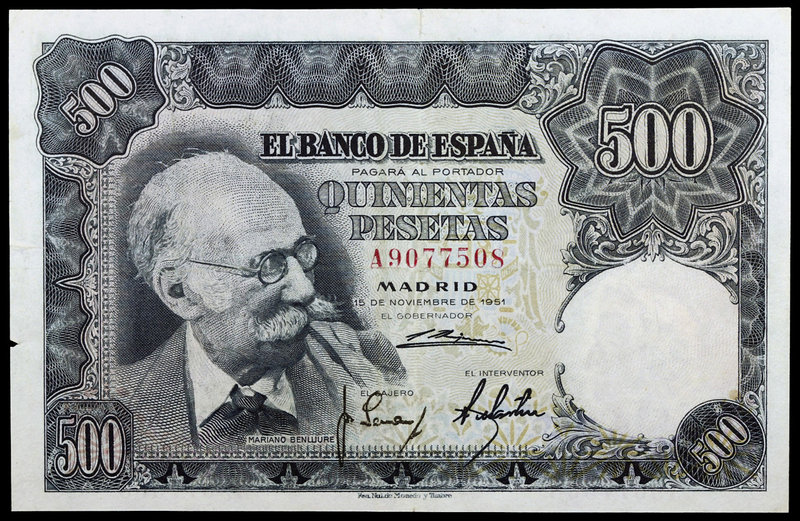 1951. 500 pesetas. (Ed. D61a). 15 de noviembre, Benlliure. Serie A. Doblez centr...